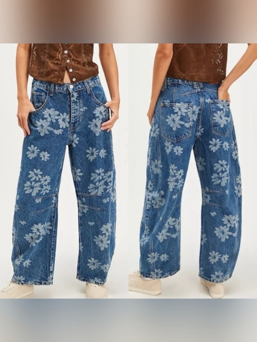 We The Free Blue Floral Good Luck Barrel Jeans - Picture 7 of 8